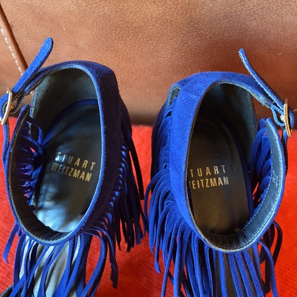 Stuart Weitzman suede fringe ankle strap heels - Picture 2 of 7